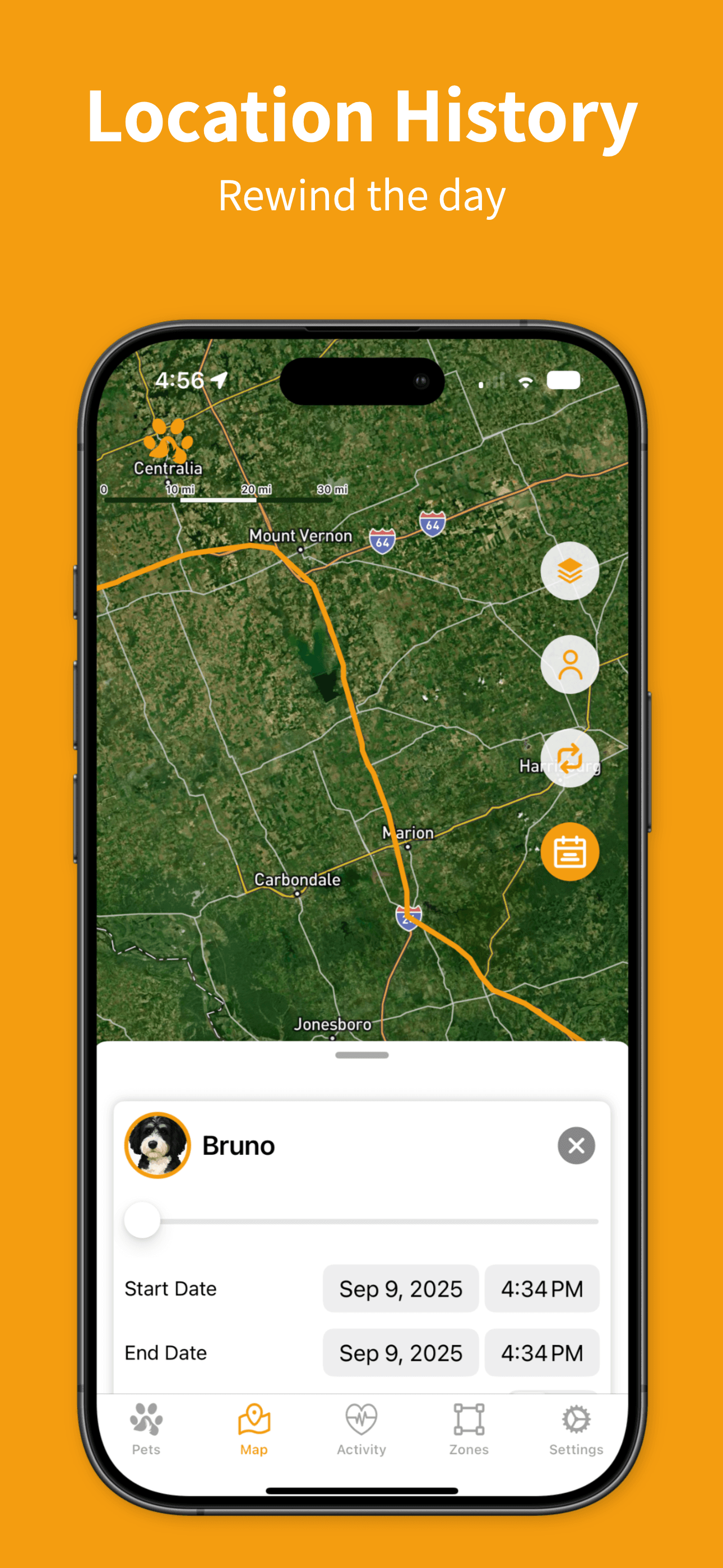 Location History screen with route playback and timeline