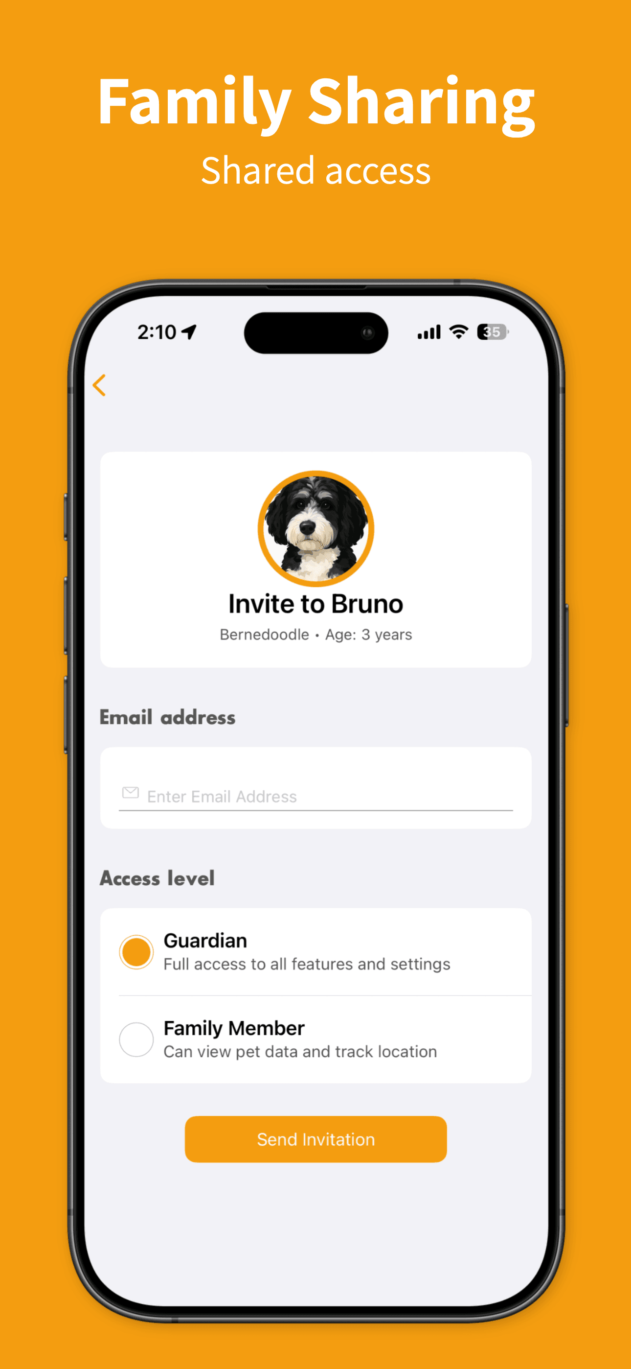 Family Sharing screen to invite guardians and set access level