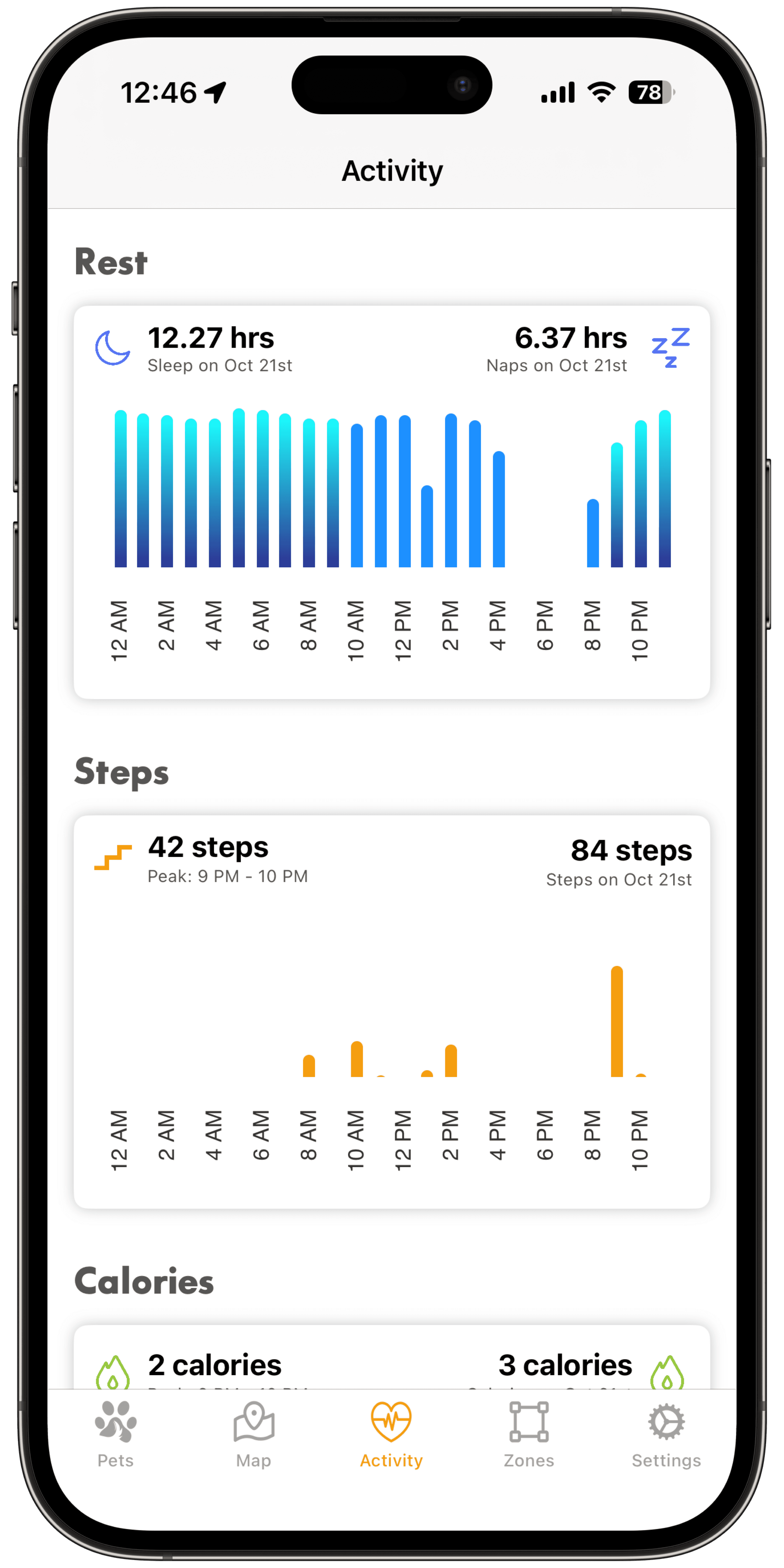 Activity and sleep steps view in the ToughTail app