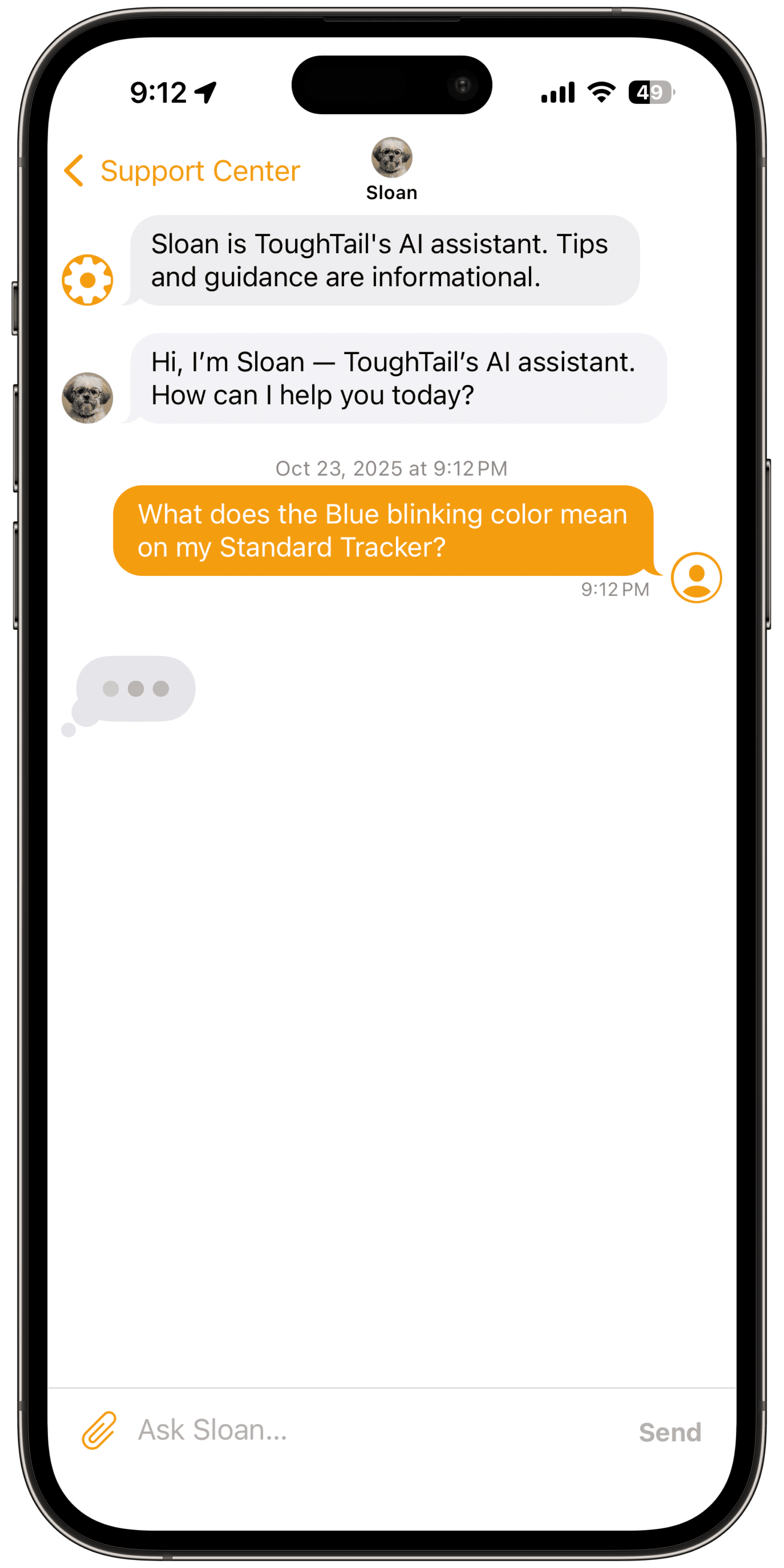 AI chat assistant typing suggestions inside the ToughTail app