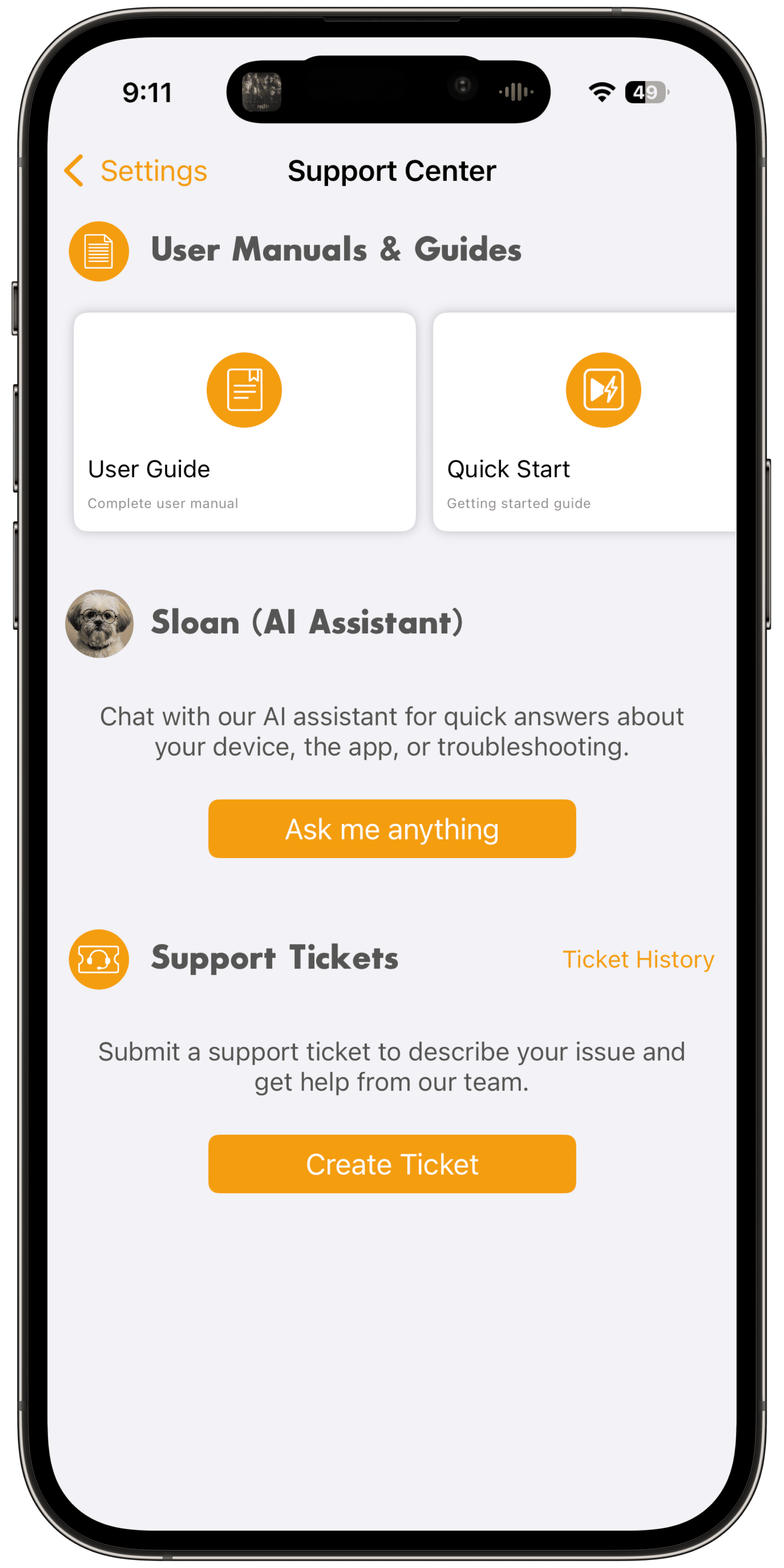 ToughTail support center screen with chat and scheduling options