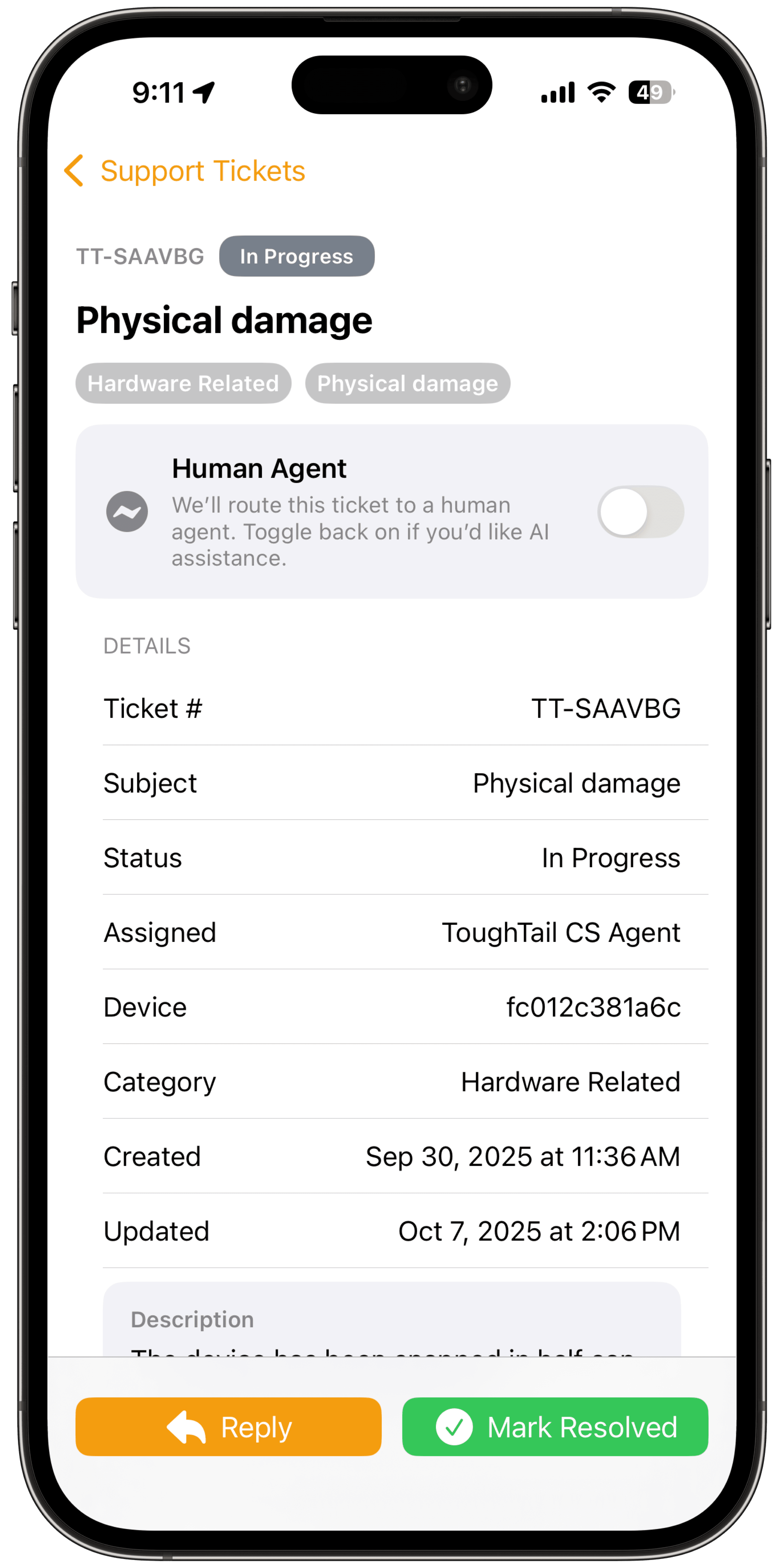 ToughTail dashboard showing device health and open support tickets