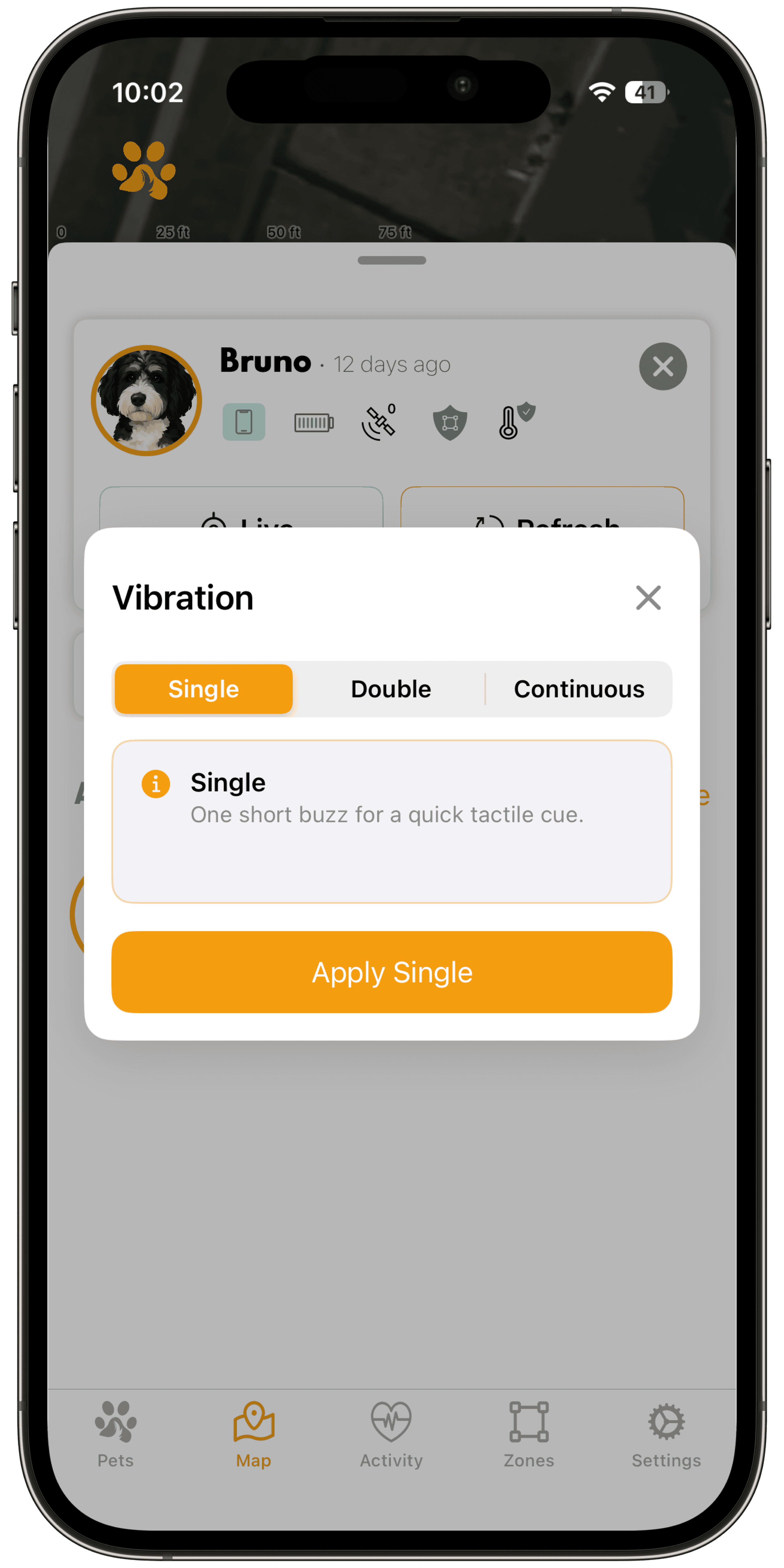 ToughTail app showing vibration cue options