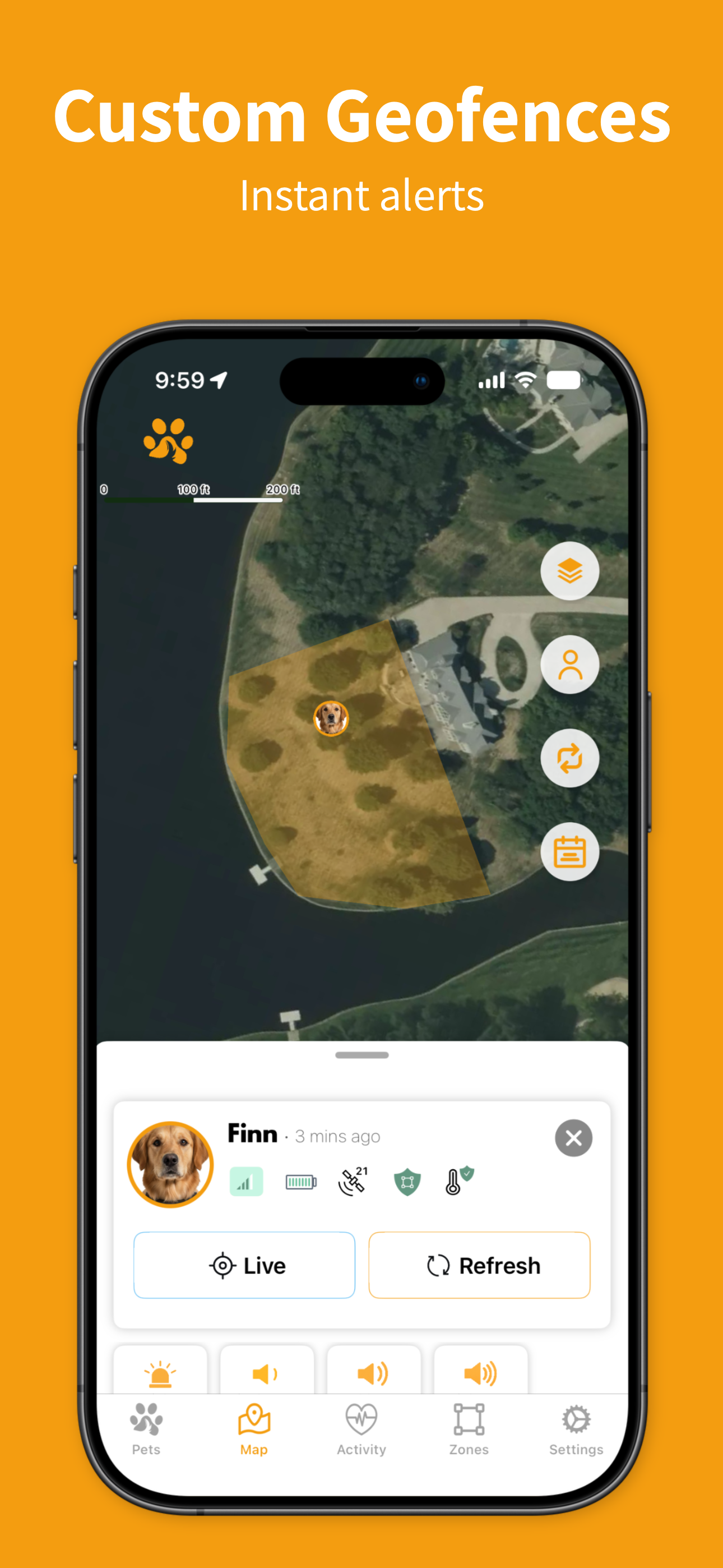 Safe zones list inside the ToughTail™ app showing pets assigned to a home zone.