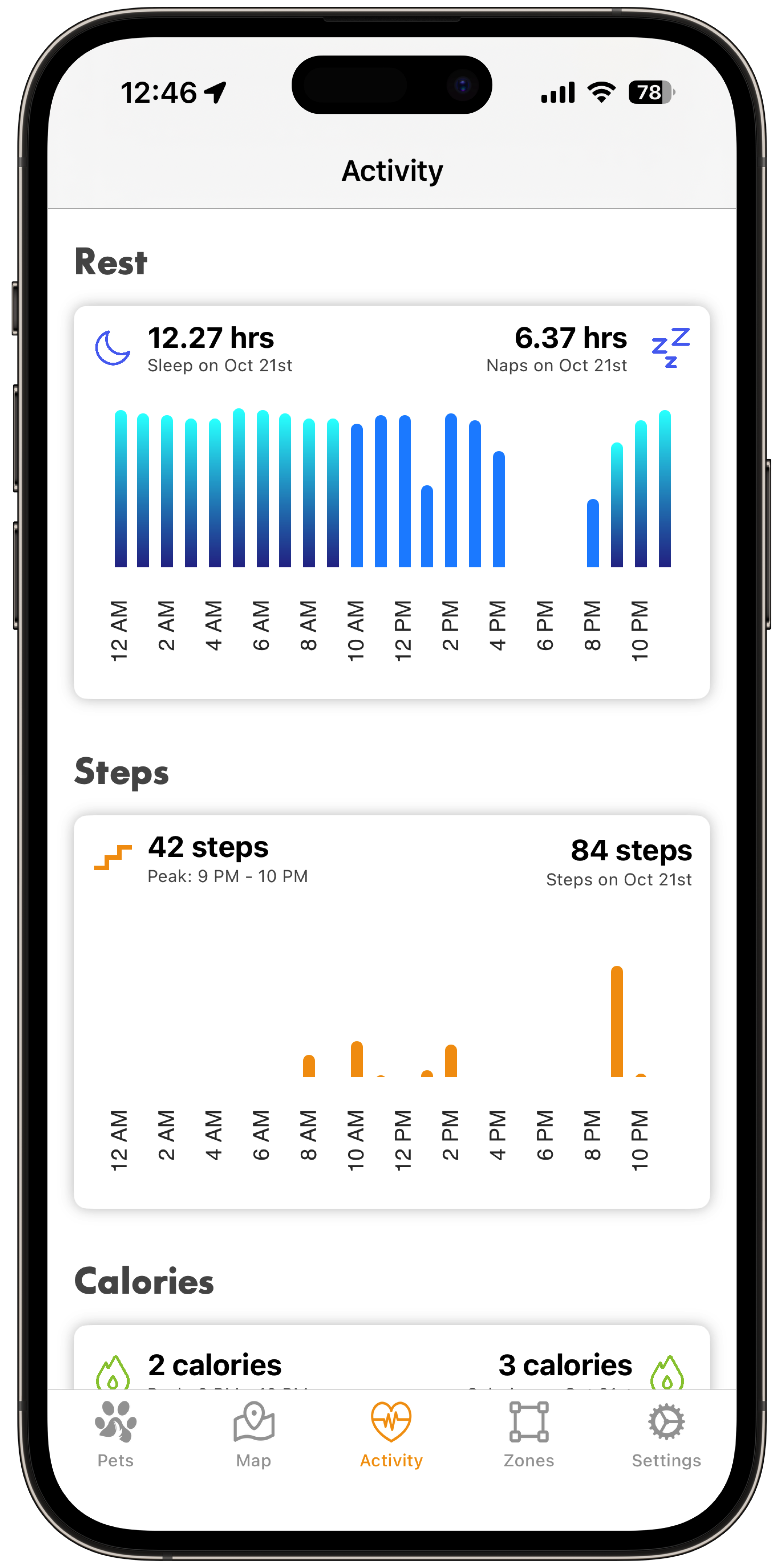 Activity and sleep steps view in the ToughTail™ app