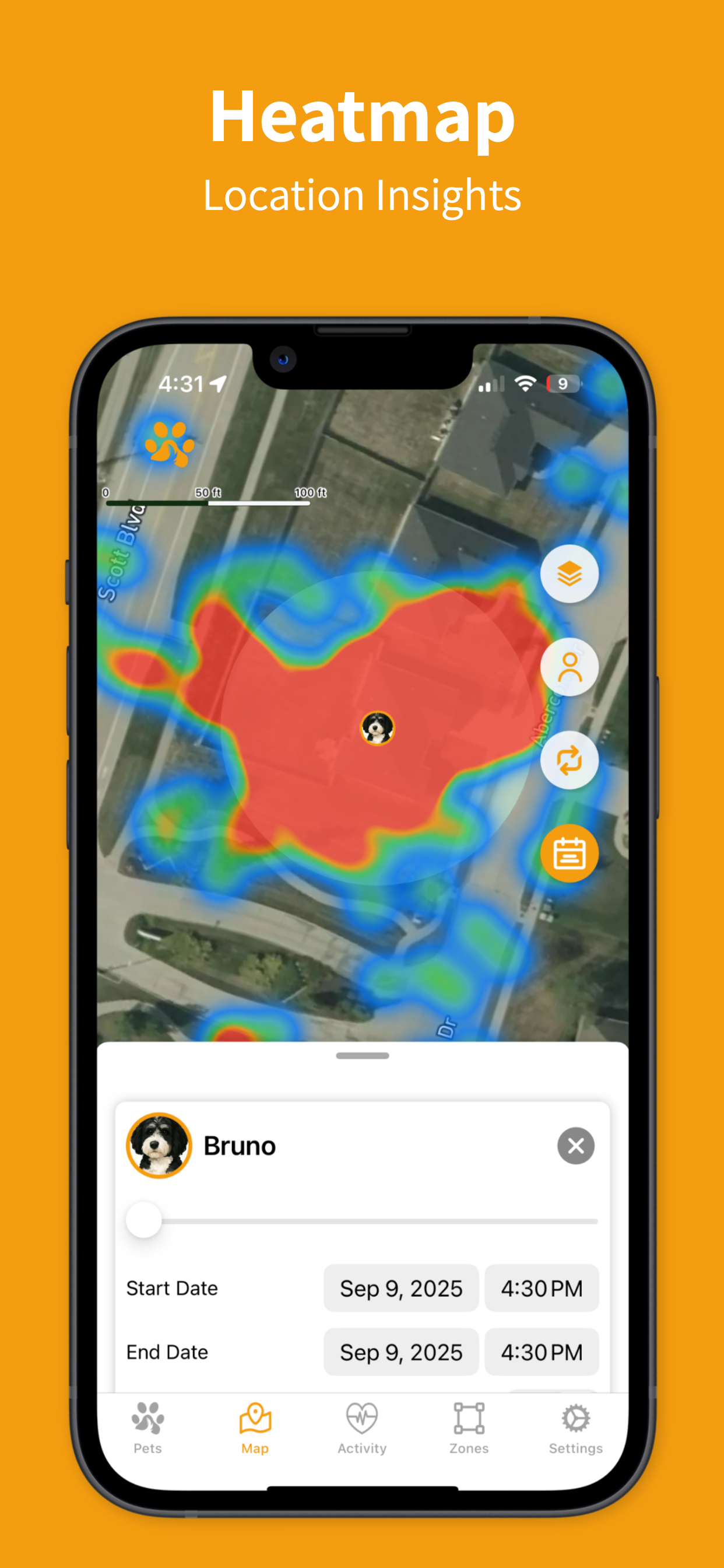 Heatmap view showing a pet's activity hotspots in the ToughTail™ app